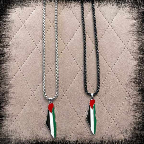 Palestine flag map necklace silver color قلادة خريطة العلم الفلسطين سنسال خارطة فلسطين Palestina Pärlor halskette Palestina flagga kette Kristall radband Palestina flagga Palestina flaggan karta halsband