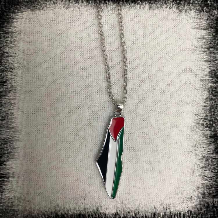 سنسال خريطة فلسطين قلادة مع سنسال خريطة علم فلسطين اللون فضي Syr Flag